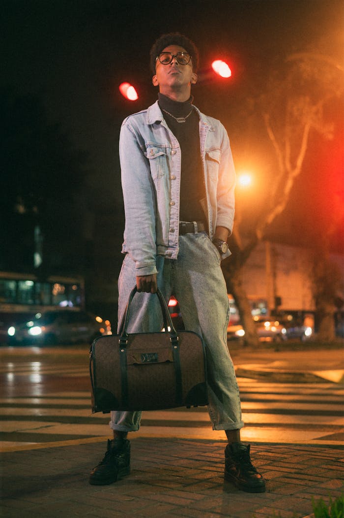 Stylish man poses on city street at night holding a chic bag, illuminated by streetlights.